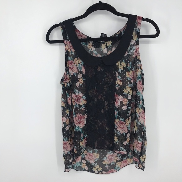 About a Girl Sheer Sleeveless Floral and Lace Top Black and Pink Size M - Picture 3 of 5